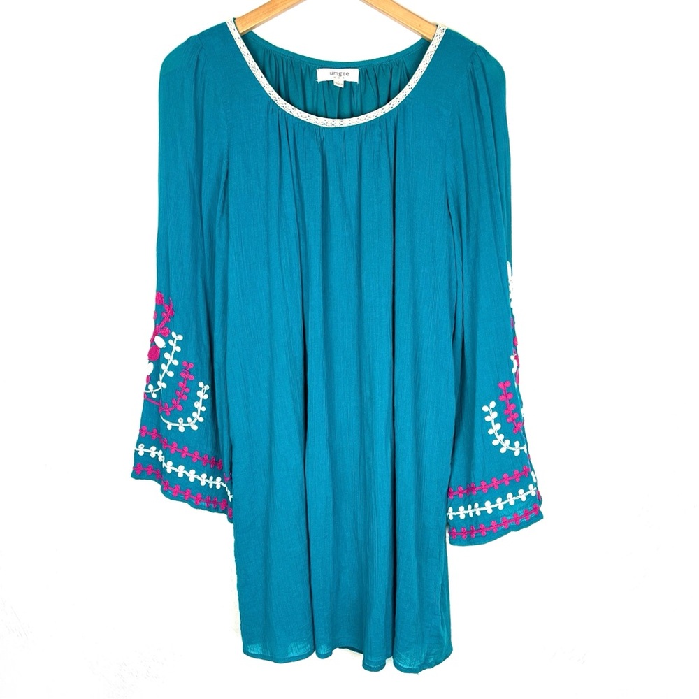 Umgee Teal Long Sleeve  Top with Pink and White Accents